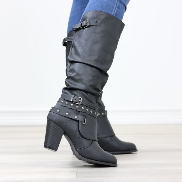 Motorcycle Heeled Boots For Rocker Biker Girls Below The Knee Black Faux Leather - Picture 3 of 14
